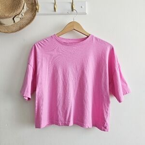 SO Pink Cotton Boxy Crop T-Shirt Womens Size L Short Sleeve Crew Neck